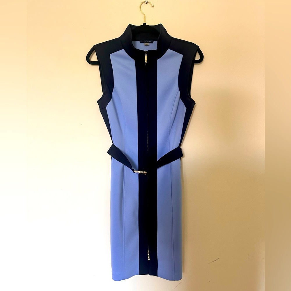 Tommy Hilfiger Scuba Color Block Belted Mock Neck Zip Front Sheath Bodycon Dress